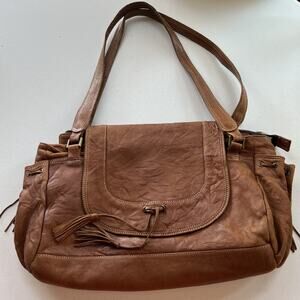 Berge Shoulder Bag Distressed Brown Leather Flap Closure Double Strap BohoTassel